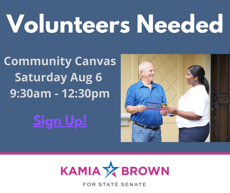 We're looking for volunteers! Come be a part of team Kamia for Senate with a Community Canvas THIS Saturday from 9:30 a.m. - 12:30 p.m. 

Click here to sign up:
kamiabrown4florida.com/volunteer/

#kamiaforsenate #boldandready