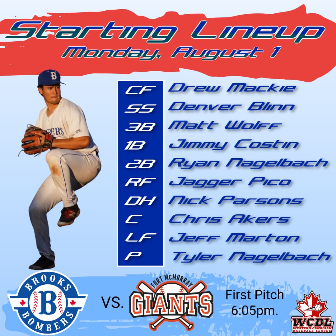 Today's starting lineup.
<a href="/CityofBrooks/">City of Brooks</a> <a href="/CountyofNewell/">County of Newell</a> <a href="/wcbleague/">The WCBL</a> <a href="/ABDugoutStories/">ABDugoutStories</a> @FMMGIANTS