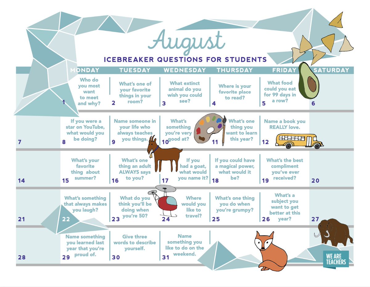 Icebreaker ideas for the start of the year! Get our free, themed calendar. >> weareteachers.com/free-teacher-c…
