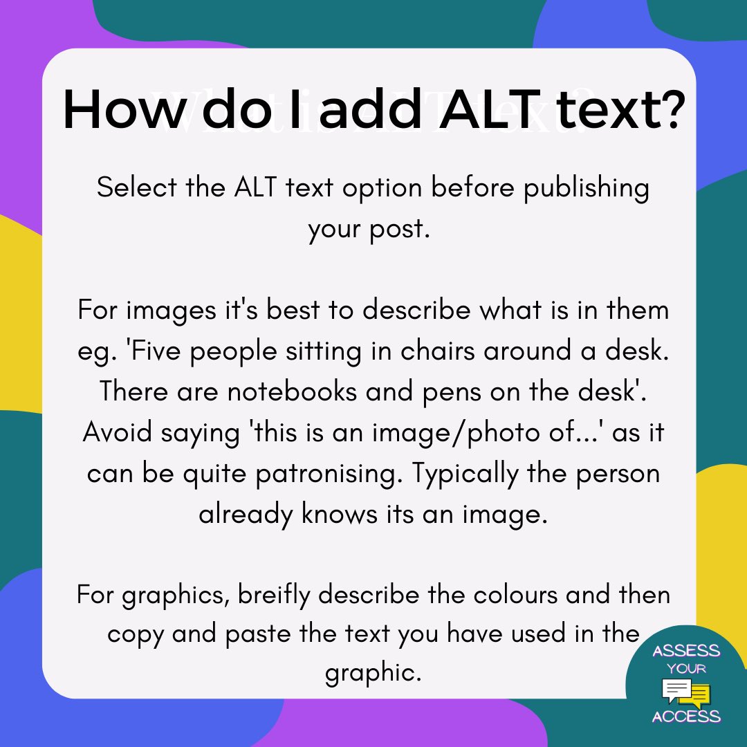 Heard about ALT text but aren’t quite sure how to add it? 

Here is some short suggestions that will help you to understand it better! 

It is important that if you are posting graphics that you add the text displayed in it. 

#AssessYourAccess #ALTtext