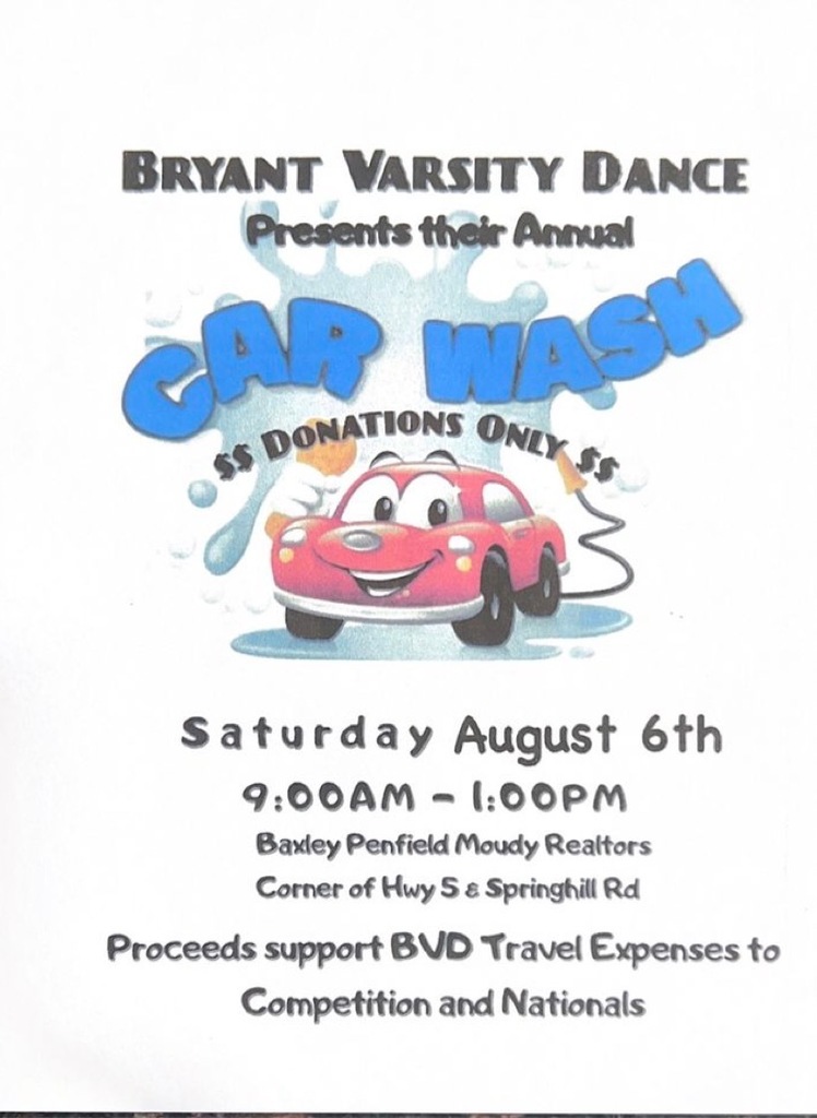 BHornetAthletes's tweet photo. The Bryant Varsity Dance team is hosting their annual Car Wash this Saturday, August 6, 9am-1pm at Baxley Penfield Moudy Realtors. Come out and support the team with your donation! 🚙 🧽🫧💦 https://t.co/2LXB7LgGjo