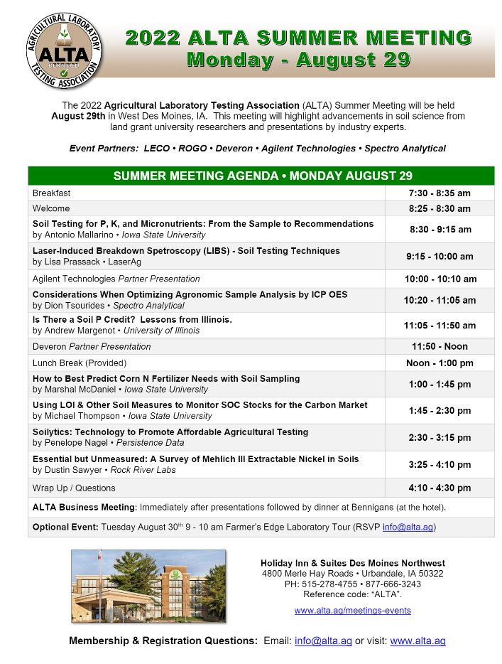Agricultural Laboratory Testing Association (@aglabtesting) on Twitter photo Save the date: <a href="/AgLabTesting/">Agricultural Laboratory Testing Association</a> Summer Meeting August 29th Des Moines, IA.
alta.ag/meetings-events Save the date: <a href="/AgLabTesting/">Agricultural Laboratory Testing Association</a> Summer Meeting August 29th Des Moines, IA.
alta.ag/meetings-events