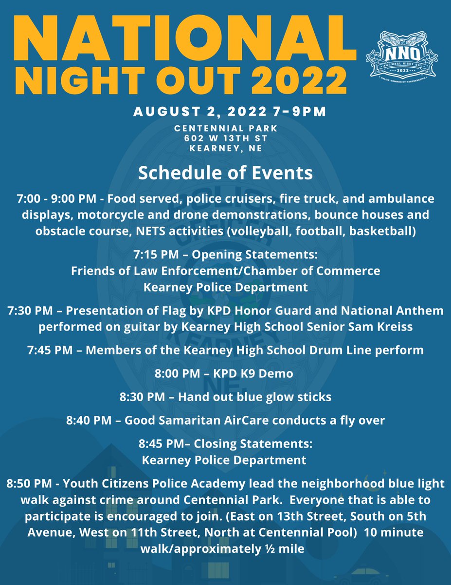 Join us tomorrow evening at Centennial Park for National Night Out. Check out all the activities below.