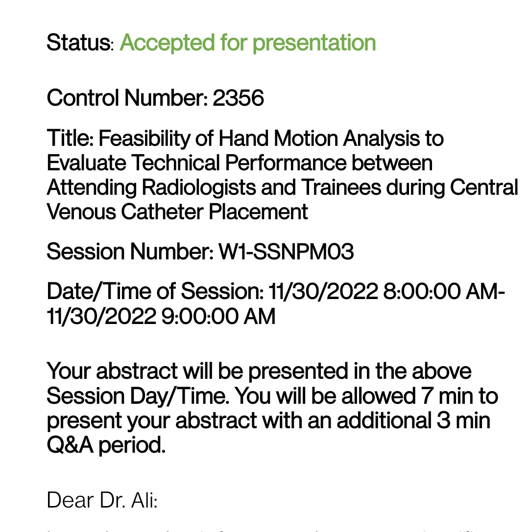 Excited and honored to be presenting our work in the emerging field of Hand Motion Analysis at #RSNA2022! All credit to my incredible mentors and team! Dr Jeffrey Weinstein,@MuneebAhmedIR, @JohnMitchell051, @AmmarSarwarIRad, Vincent Baribeau @BIDMCVIR @BIDMCRad