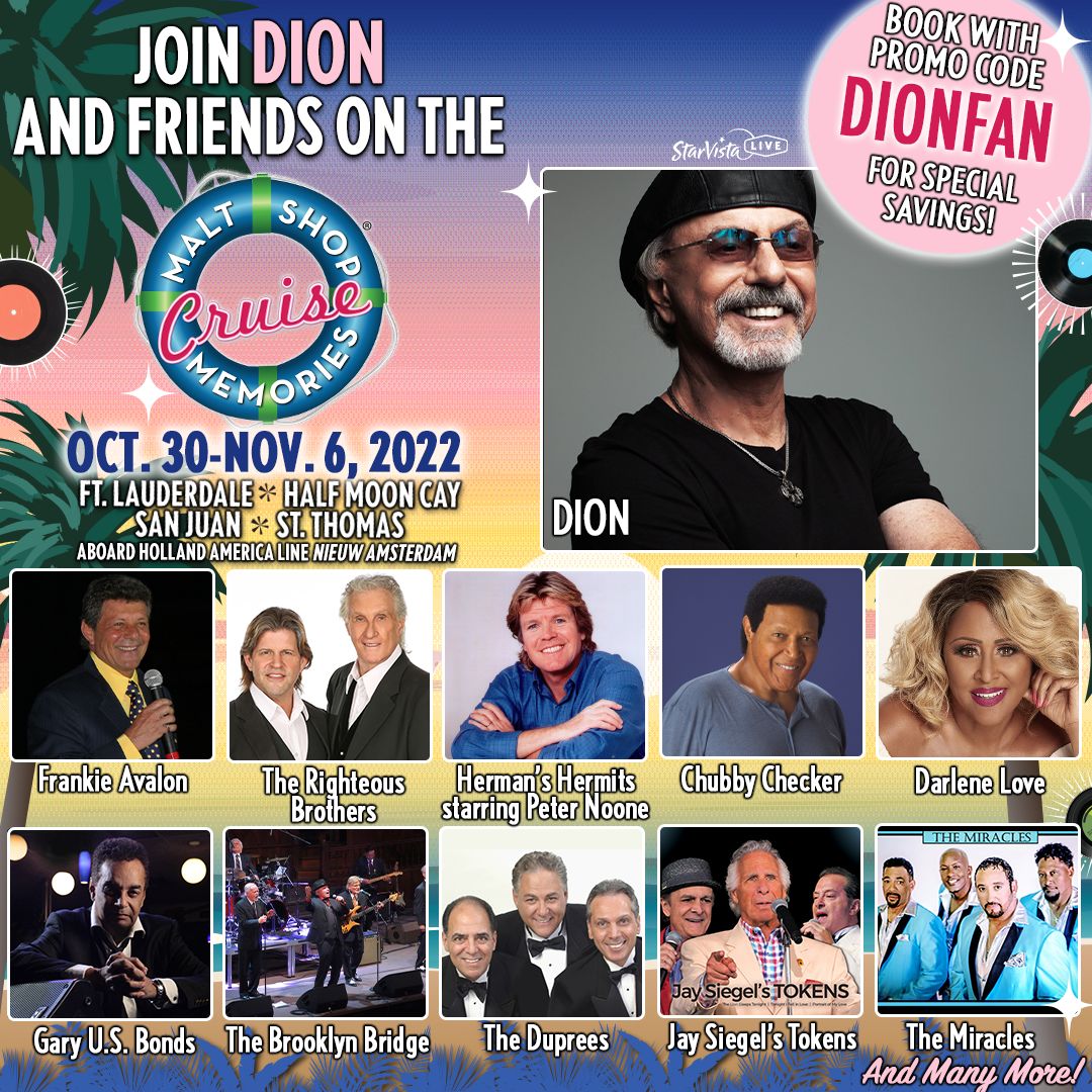 My friends! Between Frankie Avalon, Chubby Checker and Gary U.S. Bonds and the rest of the gang, we are going to have an unforgettable BLAST!!! See you there! Use promo code DIONFAN & book now at bit.ly/maltshopcruise