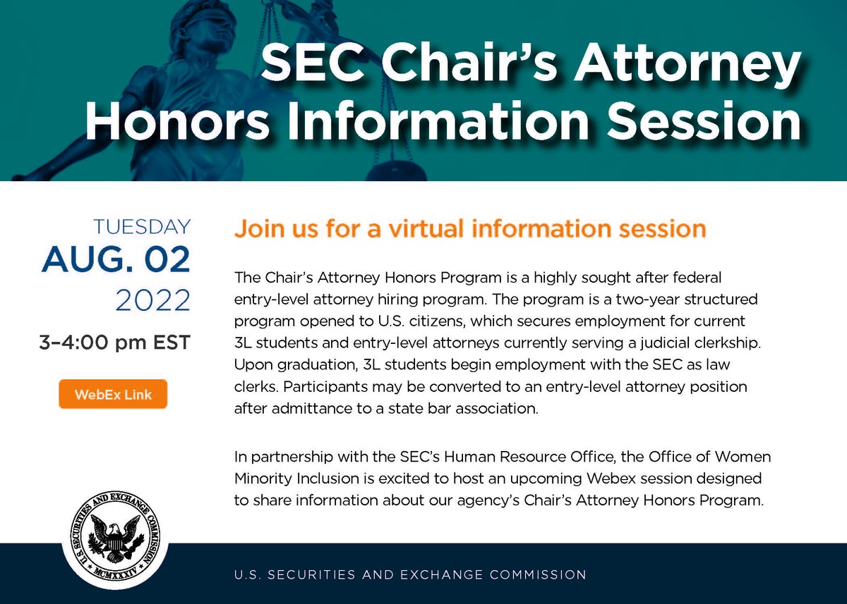 Join us tomorrow (Aug 2nd) from 3-4pm ET, for a virtual info session about the SEC's Chair’s Attorney Honors Program. You won't want to miss this opportunity to learn about this highly sought after federal entry-level attorney hiring program! Event link: lnkd.in/eErS9yED