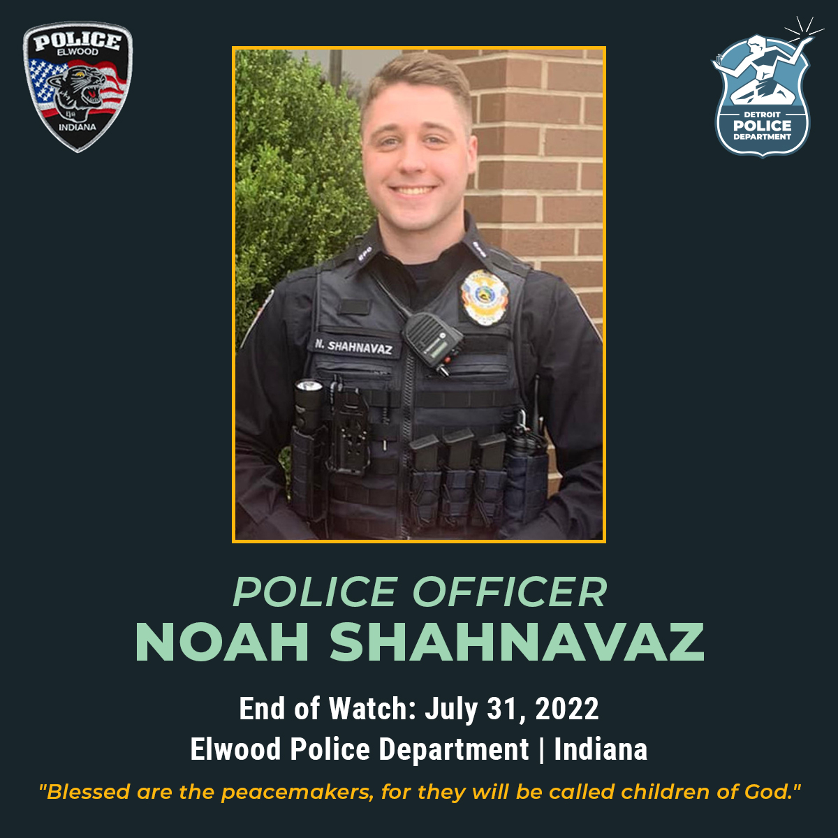 detroitpolice's tweet photo. Officer Noah Shahnavaz, who served in Elwood in Indiana for 11 months and was an Army veteran, was shot and killed in the line of duty while conducting a traffic stop on July 31, 2022. https://t.co/t7eljYg7cz