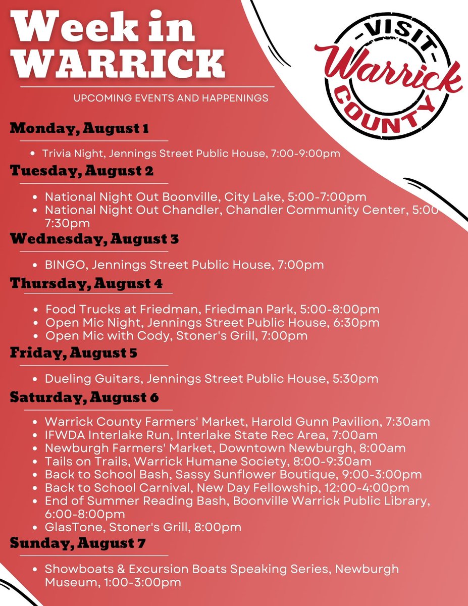 Happy Monday! Your Week in Warrick starts tonight with Trivia. Tuesday, August 2nd, #NationalNightOut is back with community celebrations happening with Boonville &amp; Chandler. Saturday is busy with live music, &amp; the Farmers Markets. 

#INIndiana #VisitWarrick