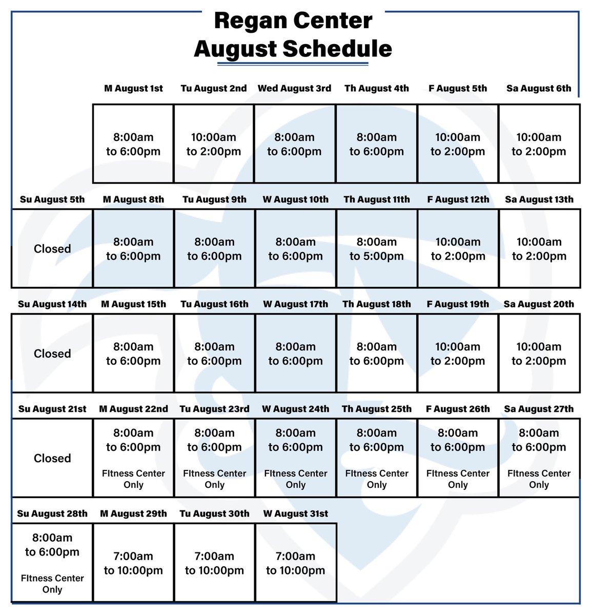 SetonHall_Rec's tweet photo. Here is our August schedule! Summer hours will go until the end of the month as we gear up to start the Fall 2022 semester! https://t.co/OF39cbpbC0