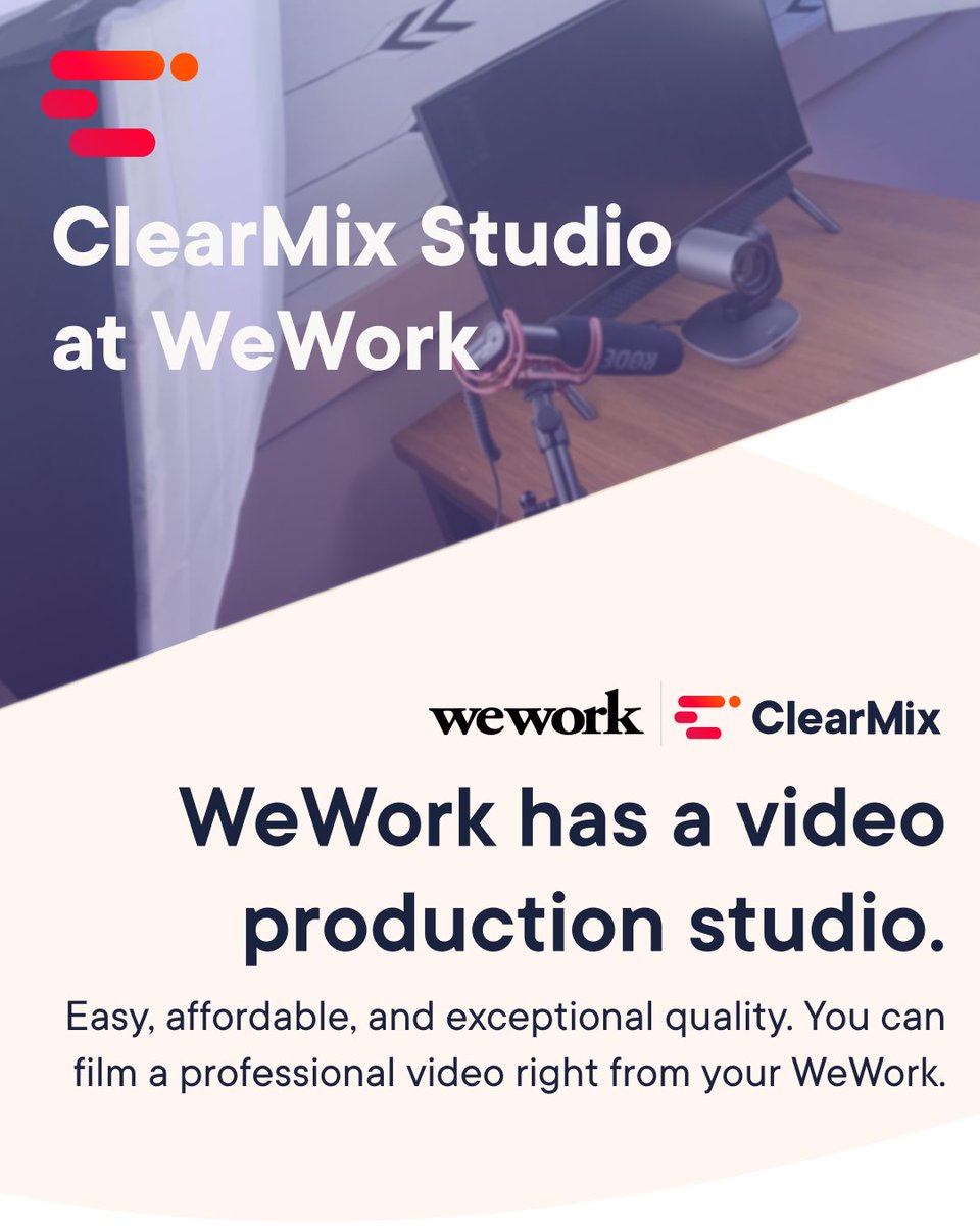 The ClearMix Studio at WeWork officially launched one week ago in two NYC locations! 🎊 The studios offer an easy, fast, and affordable video production solution for <a href="/WeWork/">WeWork</a> members and non-members.

Click to schedule your video recording session today! clearmix.com/wework/