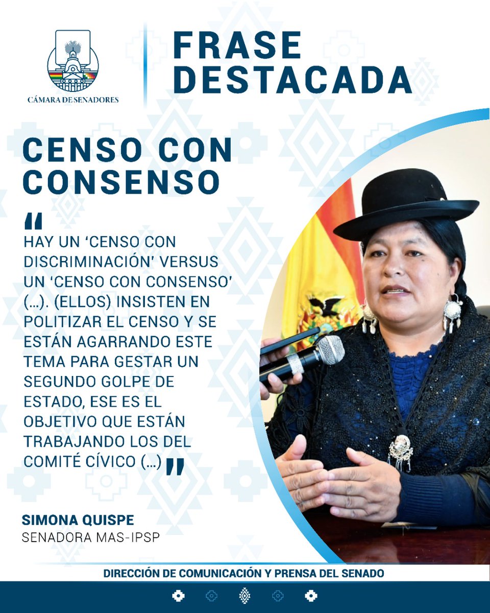 SenadoBolivia's tweet photo. #FraseDestacada I La senadora Simona Quispe se refiere al Censo de Población y Vivienda. https://t.co/qwuhX9vp9A