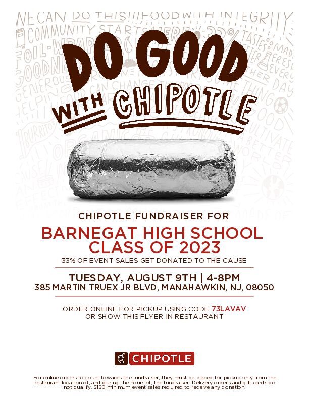 Support Class of 2023 @ Chipotle 8/9 4-8pm look below for online ordering code <a href="/BHSClassof2023/">BHSClassof2023</a> <a href="/bengalpride67/">John Germano</a> <a href="/BarnegatSchools/">Dr. Brian Latwis</a> <a href="/BarnegatHighSGA/">BHS SGA</a>