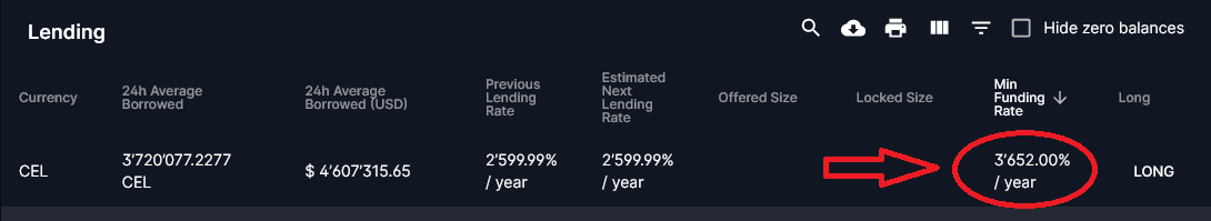 ThePrivatier's tweet photo. To all you dear $CEL lenders out there:

Did you know that the highest interest rate allowed on FTX is 3652% atm? So why give away over 1000% and let them borrow for a cheap 2599%? 😅

The difference is immense: 10.5% instead of 7.36% per DAY IN CEL! 🍋🔥🍋🔥🍋

#CELshortsqueeze https://t.co/7jedOy4JK7