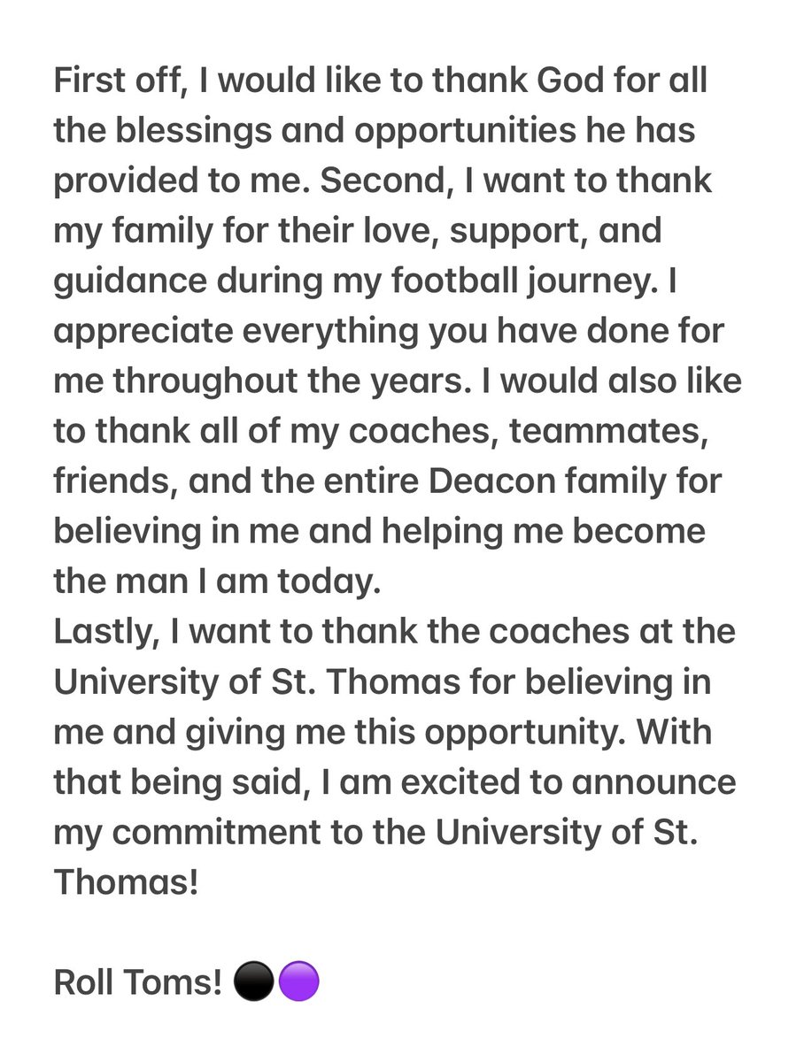 Committed!🟣⚫️ <a href="/Coach_Caruso/">Coach Glenn Caruso</a> <a href="/CoachJakeLandry/">Jake Landry</a> @CoachBingaman <a href="/CoachDodson13/">Coach Dodson 🏈 🗺️🧗🏿‍♂️🏆</a> @Coach_WatkinsST <a href="/OLine_TEK/">Jeff Duvendeck</a> <a href="/UST_Football/">St. Thomas Football</a>