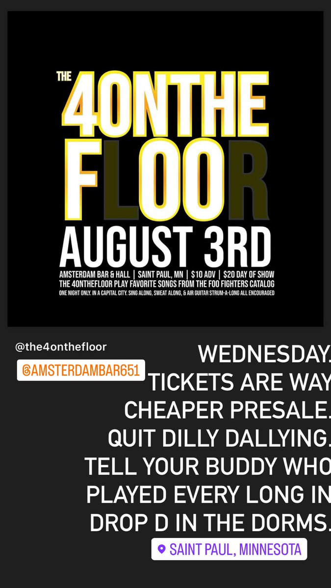 4otf's tweet photo. Wednesday. @foofighters songs.
@AmsterdamBar651
7 PM doors. 8 PM #Elour , #4ONTHEFOO to follow.
Info & π here: https://t.co/qIaYw8fZAR https://t.co/QVUI4sYe00