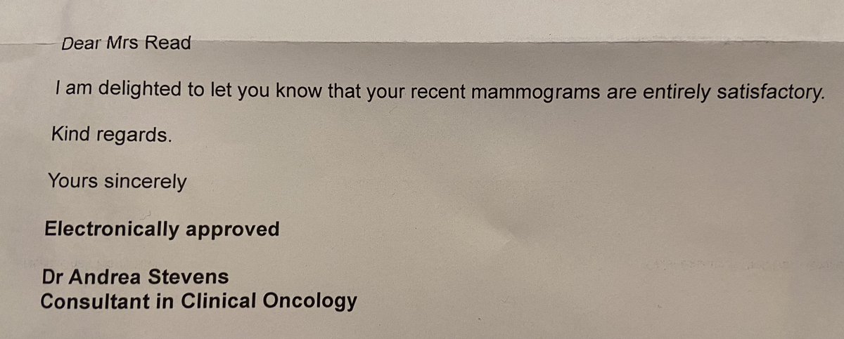 Been waiting for some results. 2 down 1 to go but this one I’m so happy to see. Entirely satisfactory mammogram #scanxiety #breastcancerjourney