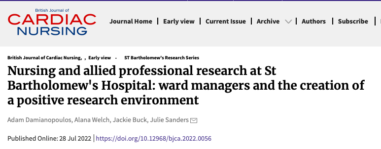 OUT NOW - Our 3rd paper on @BartsHospital NAP research roles focusing on the role of ward managers led by @AdamDamianopou and Alana Welch magonlinelibrary.com/doi/abs/10.129…   
<a href="/mdstbarts/">Charles Knight OBE</a> <a href="/robinsona1511/">Angela Robinson</a> <a href="/SCTS_CTFORUM/">SCTS CT Forum</a> <a href="/councilofdeans/">Council of Deans of Health</a> <a href="/CoadProfessor/">Professor Jane Coad RN FRCN</a> @RCNResearchSoc <a href="/CONNECTcardiac/">CONNECT</a>