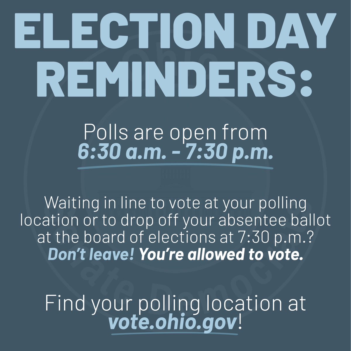 🗳️ It's #ElectionDay! 🗳️ Polls are open until 7:30 p.m. for you to vote for state legislative candidates.

Find your polling location and see who's on your ballot for this primary election at ohiosos.gov/elections/vote….