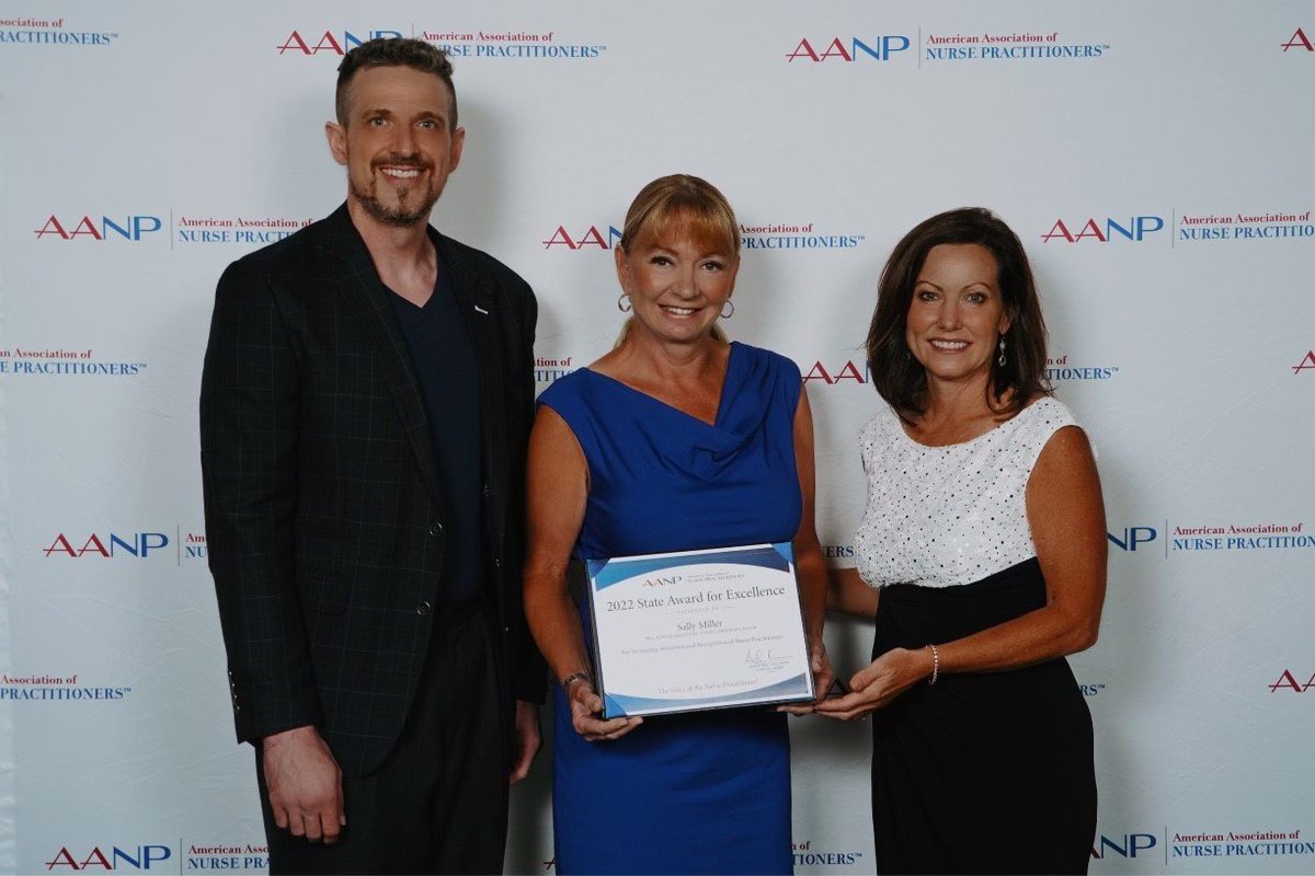npcert's tweet image. Congratulations to Fitzgerald Faculty member, Dr. Sally Miller, who is shown receiving her Nevada State NP Advocate Award at the recent AANP National Conference, via @AANP_NEWS