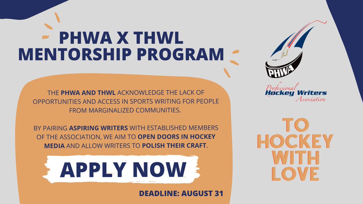 Excited to announce <a href="/ThePHWA/">PHWA</a> and To Hockey With Love (<a href="/tohockeywlove/">To Hockey, With Love</a>) have partnered up to form a mentorship program for aspiring hockey writers from marginalized communities. 

Applications are open now through Aug. 31, 2022.
 
Learn more + Apply: forms.gle/zKnGDgBG9HPhRU…
