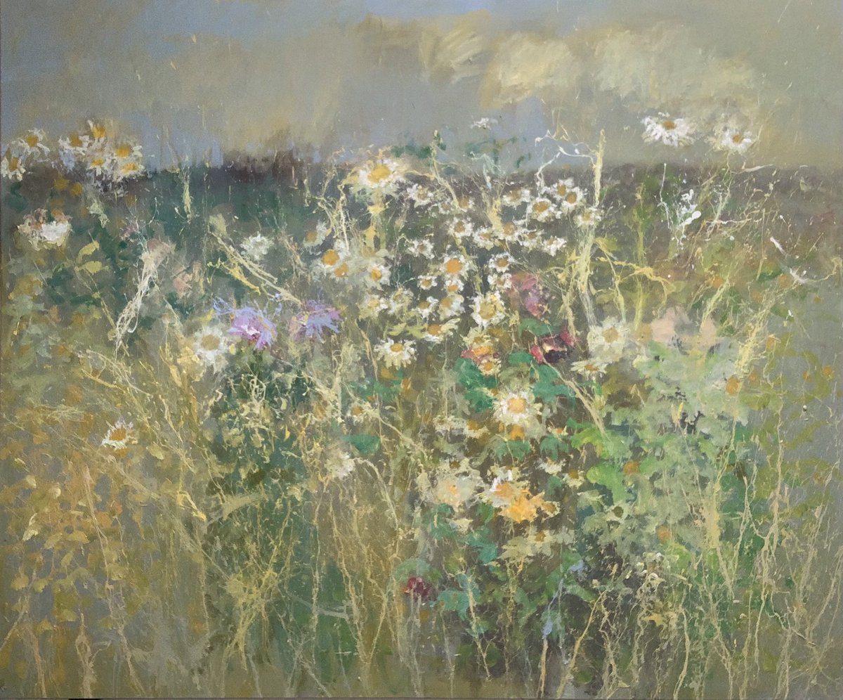 JohnMcClenaghen's tweet photo. Large canvas in progress. Overall scumble at the end of the day, hence the hazy, muted quality. Build up highlights and shadows tomorrow and a cooler depth in the centre. That’s the plan anyway but the painting may have other ideas. #workinprogress #scumble #wildflowermeadow https://t.co/NA9ByESbFu