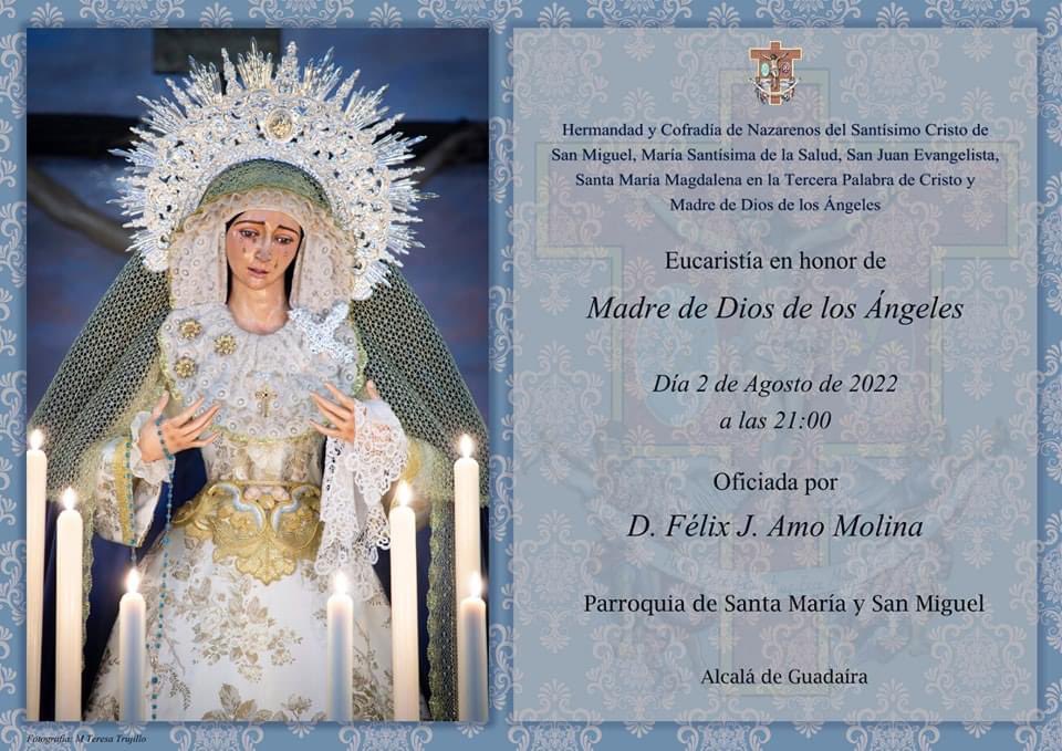 Mañana celebramos el día de nuestra Titular Madre de Dios de los Ángeles.
Os esperamos para celebrar el día de nuestra Madre en Hermandad.
Os esperamos.