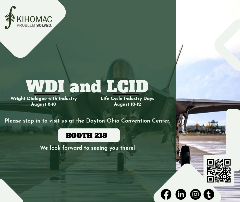 KIHOMAC's tweet photo. KIHOMAC will be at the Dayton Convention Center August 8-12th for the Wright Dialogue with the Industry and the Life Cycle Industry Days. Stop by and see us at booth #218! 
#kihomac #dod #IndustryDays #engineering #manufacturing #symposium #convention https://t.co/ImjFiwK8Pj