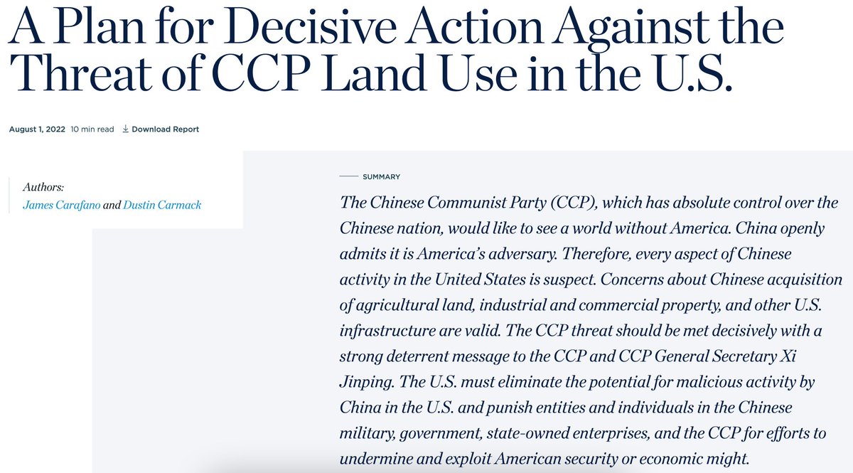 🚨🚨: If you're worried about China buying up American farmland, here's a comprehensive list of strong actions Congress and the states can take. @JJCarafano @DustinCarmack w/the scoop: herit.ag/3oJFlSL