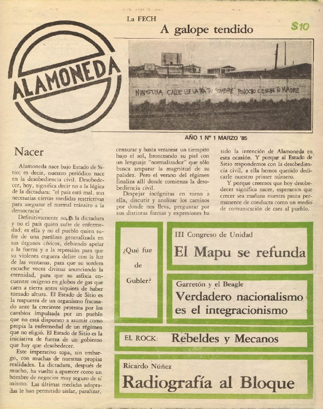 revistapasando's tweet photo. En marzo de 1985, el MAPU (Garretón/Montes) publicó 'ALAMONEDA', el cual se definió como "periodismo político de masas". 

Su singularidad, según ellos, es que el equipo editor estaba conformado no necesariamente por militantes. E incluso por dirigentes de otros partidos. https://t.co/wsnb1l280f
