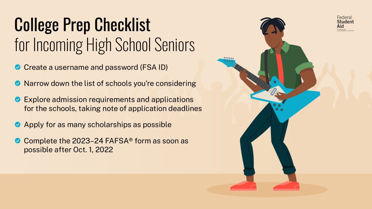 FAFSA's tweet image. Ready to rock your senior year? 🎸 
Now’s a great time to prep for college or career school! Use this checklist to get a head start ✔️