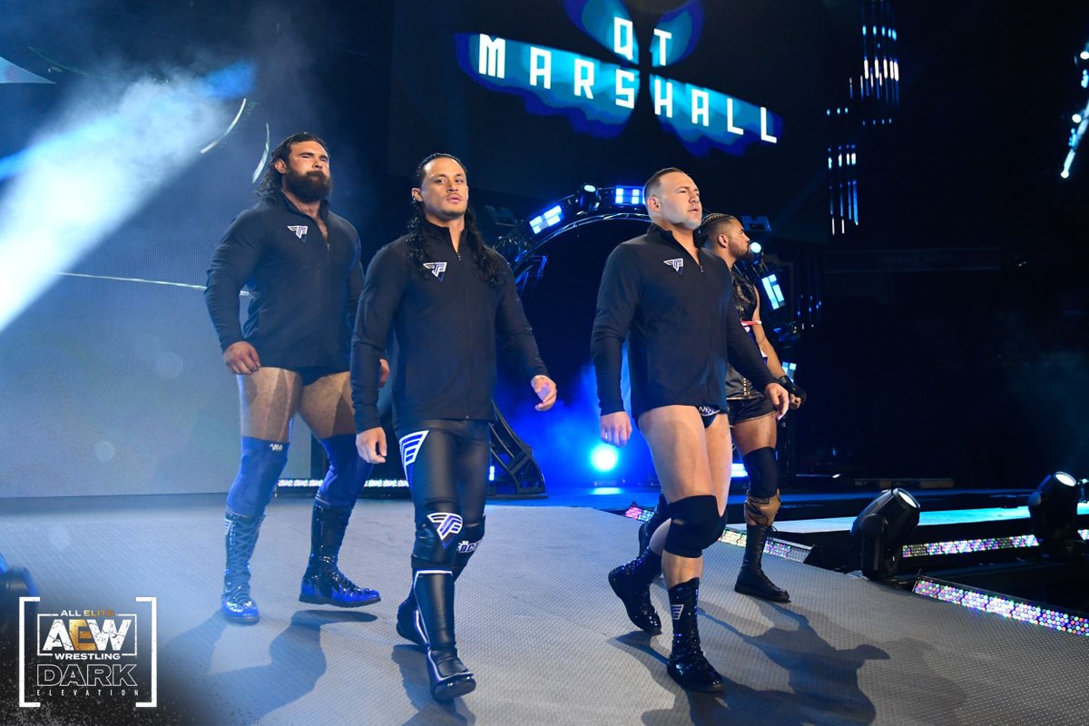 AEW's tweet photo. #TheFactory (@QTMarshall/@AnthonyOgogo/@AaronSoloAEW/@Mr_Freakbeast) are in action next on #AEWDarkElevation, facing the team of @TheBobbyOrlando, @BryceDShook, @victorious_brg & #TUGCooper! Catch tonight's new episode right here: ▶️ https://t.co/ZEFCrOuYVK https://t.co/lKuhNIilxT