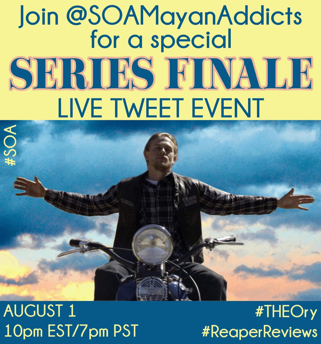 SOAMediaAddicts's tweet photo. I guess today is the day!!  Who’s going to come &amp; live tweet @SonsofAnarchy series finale tonight right here @ 10:00 pm EST ahead of the last #ReaperReview S7 E 13 #PapasGoods!! Pls retweet &amp;  join us  @Theorossi @KimFCoates @sutterink #SOA #SOAFX https://t.co/MQ36wUpgXK