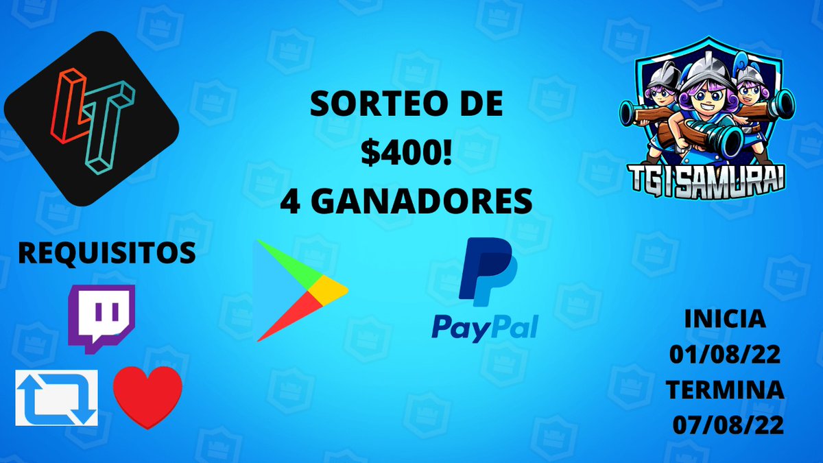 TG I SAMURAI (@tg_samurai) on Twitter photo 🤑#SORTEO🤑
$400! 4 GANADORES GOOGLE PLAY O PAYPAL💵
REQUISITOS‼️
FOLLOW:
🟣 twitch.tv/lostorts
🔵 <a href="/LosTorts/">Los Torts 🛑</a>
🔵 <a href="/TG_SAMURAI/">TG I SAMURAI</a>
DAR RT 🔁
MG ❤️
Menciona 2 amigos 👥
🗓️INICIO 01/08/22
🗓️TERMINA 07/08/22 🤑#SORTEO🤑
$400! 4 GANADORES GOOGLE PLAY O PAYPAL💵
REQUISITOS‼️
FOLLOW:
🟣 twitch.tv/lostorts
🔵 <a href="/LosTorts/">Los Torts 🛑</a>
🔵 <a href="/TG_SAMURAI/">TG I SAMURAI</a>
DAR RT 🔁
MG ❤️
Menciona 2 amigos 👥
🗓️INICIO 01/08/22
🗓️TERMINA 07/08/22