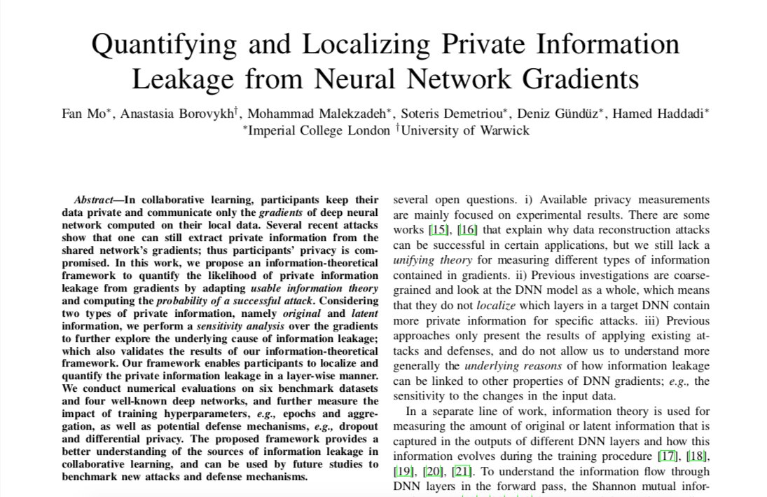 Too many attacks breaking the privacy-by-design principle in federated/collaborative learning? All-in-One. Check out our paper analyzing the private information leakage from neural network gradients using information theory. arxiv.org/pdf/2105.13929…