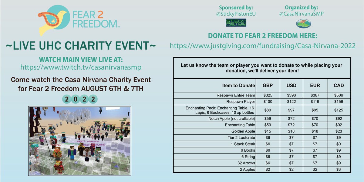 This weekend come watch the @Fear_2_Freedom UHC Charity Event! Donate items to your favorite team while supporting charity!
Donate Here: justgiving.com/fundraising/Ca…
UHC Teams list: docs.google.com/spreadsheets/d…