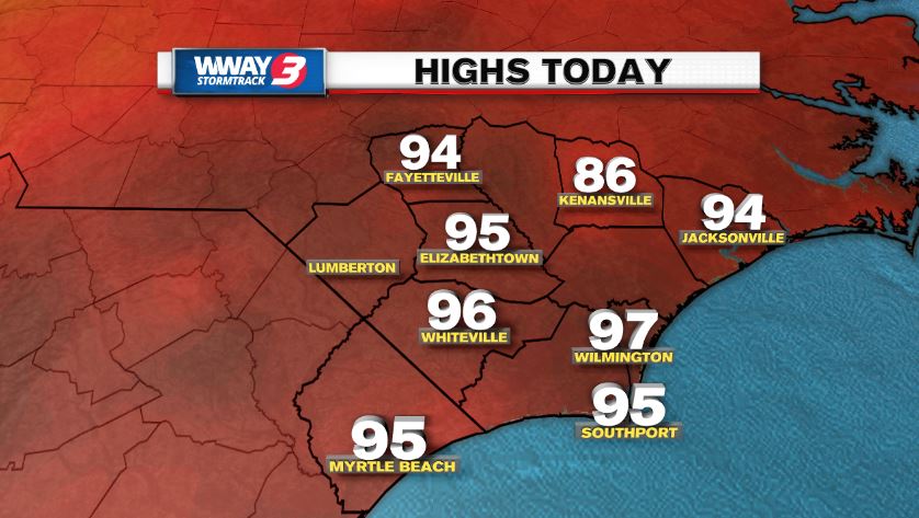 WWAYWx's tweet photo. What a hot start to August! Today's high of 97 degrees is the warmest temperature Wilmington has seen since June 17th, 45 days ago. @LeeHaywoodWX @MatthewHWx @ramelcarpenter @marioncaldwx https://t.co/NQzJV4vg65