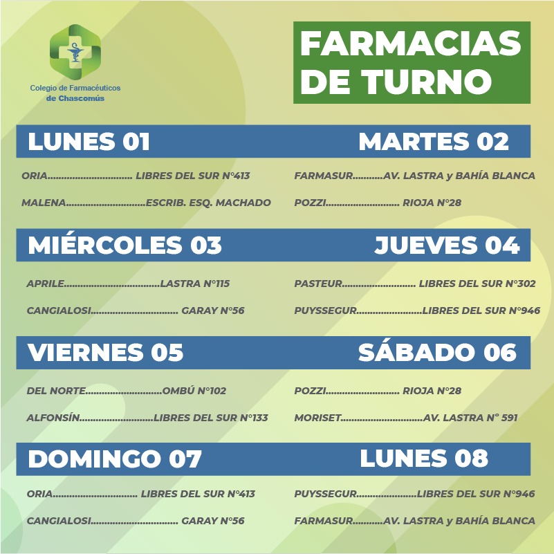 colfarchascomus's tweet photo. ⚠️TURNERO DE LA SEMANA
⚕ Farmacias de turno en Chascomús.
👉del 1 al 8 de agosto (desde las 8.30 hasta las 8.30 del otro día)
.
.
.
.
.
.
.
#Farmacias #FarmaciasdeTurno #Turnero #Guardias #FarmaciasdeGuardia #Chascomús #medicamentosgenéricos https://t.co/1paSRJG8Sl