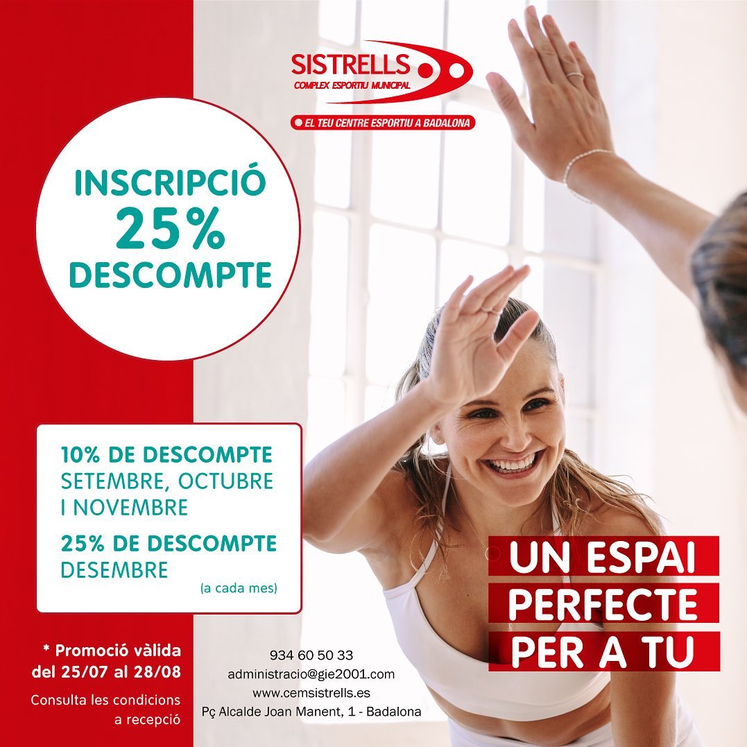 Cem_sistrells's tweet photo. Aprofita la promoció 👇

Un espai perfecte per a tu!

#cemsistrells #cemsistrellsbadalona #sistrells #badalona #bdn #Barcelona #BCN #gym #fitness #centreesportiu #activitats #activitat #salut #promoció #promo #oferta #descompte #descomptes #inscripció #gym #esport #agost #estiu https://t.co/bj7lMzDlWB