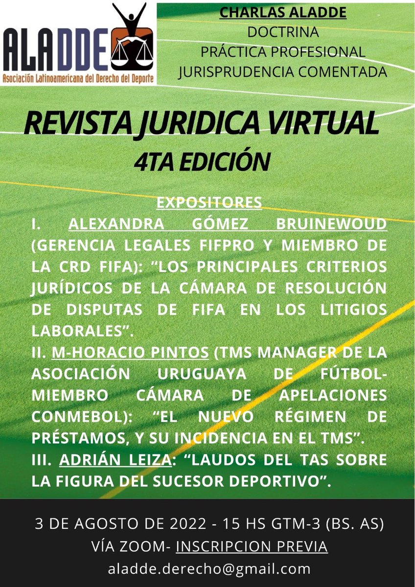 Cuarta edición de la Revista Juridica Virtual. Un lujo de expositores <a href="/aladdeoficial/">Aladdeoficial</a> <a href="/PintimalliAriel/">Ariel Pintimalli</a> <a href="/TAD_oficial/">Tribunal Arbitral del Deporte</a> <a href="/NorbertoOutere1/">Norberto Outerelo</a>