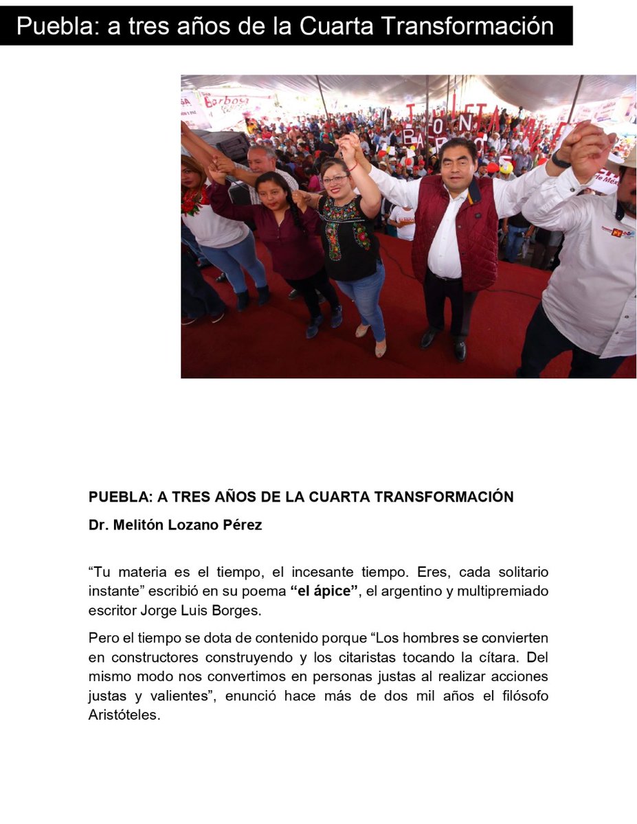 MelitonLozano's tweet photo. Como refiere nuestro gobernador @MBarbosaMX;hoy se cumplen tres años de intenso trabajo enfocados a hacer visible en #Puebla,los principios progresistas de justicia social que enarbola la #CuartaTransformación. Comparto con todos ustedes, una reflexión al respecto @lopezobrador_ https://t.co/krc4y6SawM
