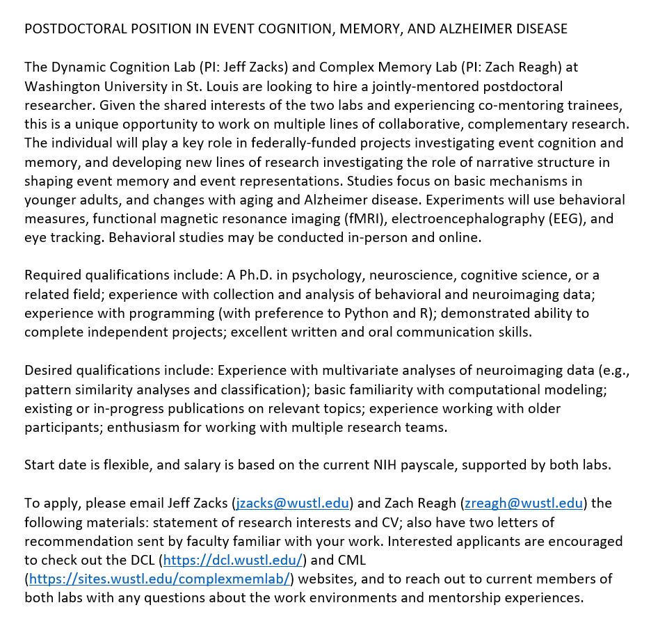 zreagh's tweet photo. Hey, want to hear something cool?

Jeff Zacks and I are jointly recruiting a postdoc. This is truly a unique and cool position bridging two neighboring labs equally obsessed with event memory, narratives, and cognitive aging.

Get in touch! Retweets greatly appreciated :) https://t.co/gTOLbW7ewA