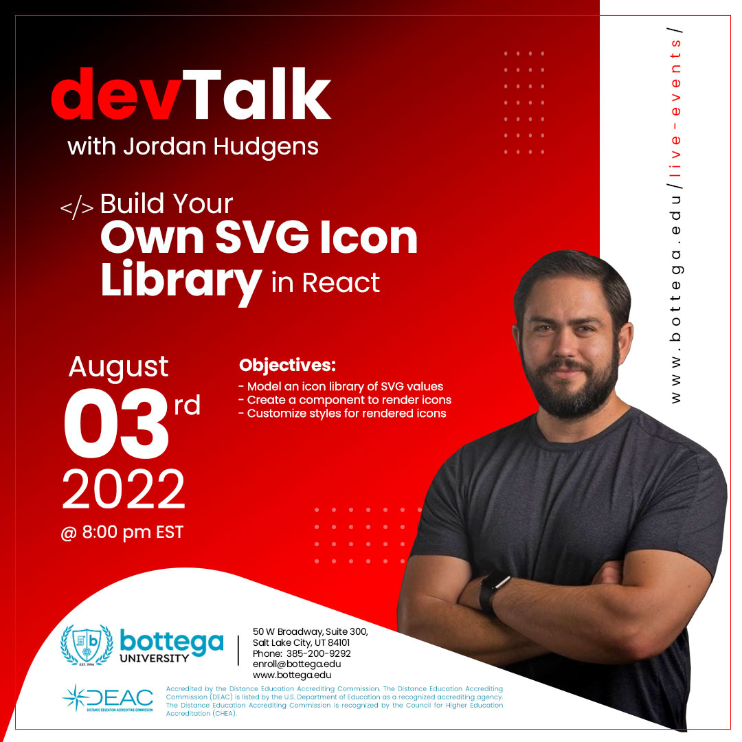 BottegaTech's tweet photo. Join Bottega University as Jordan Hudgens teaches us Build Your Own SVG Icon Library in React!

No registration is needed for this networking event!

Join us on Wednesday, Aug 3rd, 2022 at 8:00pm EST!

Bring your favorite snack and sit back and learn all that Jordan has to offer! https://t.co/Ku6zUsNN4W