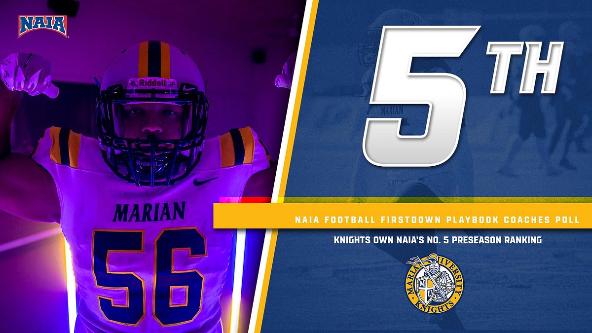 MUKnights's tweet photo. Top-5️⃣, Top-5️⃣, Top-5️⃣

@MarianUFootball takes the No. 5 Ranking in the Official NAIA Preseason Top-25 Poll! 
 - https://t.co/GFfTouY1eo https://t.co/mfDLTLrF5e