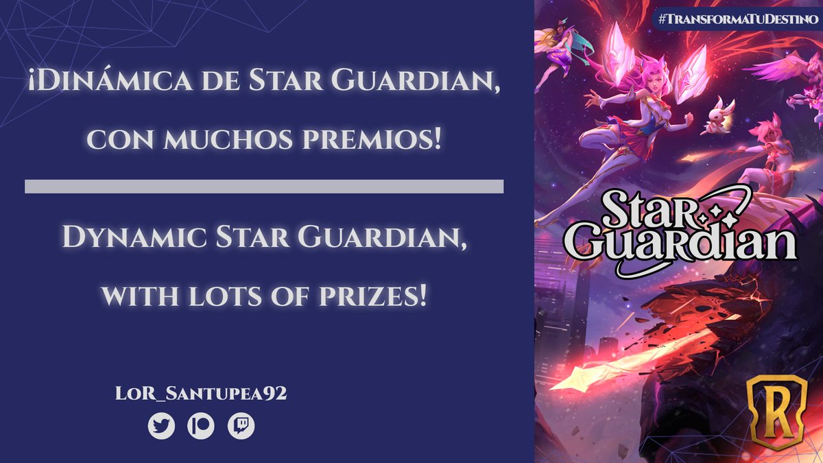 ¿Qué carta de #LoR te gustaría que tenga edición de #GuardianasEstelares? ¡Responde con la carta y participa de los PREMIOS!

Which #LegendsOfRuneterra card would you like to have a #StarGuardians edition? Respond with the card and participate for PRIZES!

#TransdormaTuDestino