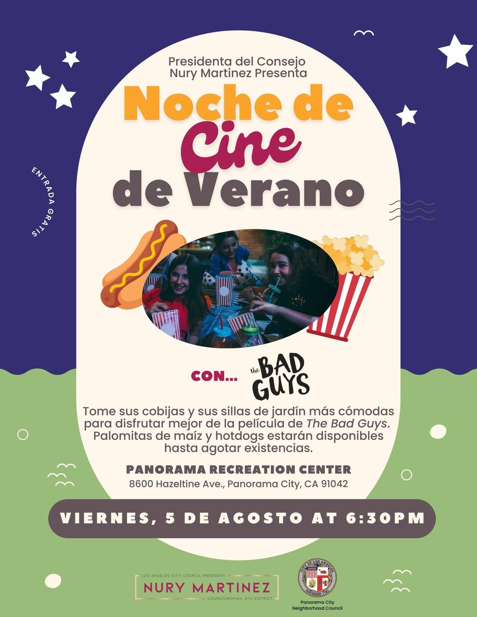 NuryMartinezLA's tweet photo. Join us for a perfect Friday night in the park with your family, community, and @PanoramaCity_NC as we enjoy a screening of 'The Bad Guys.'

Friday, August 5th at 6:30pm
Panorama Recreation Center

Refreshments including popcorn, hot dogs &amp; drinks will be provided. https://t.co/XfsrvpuAG1