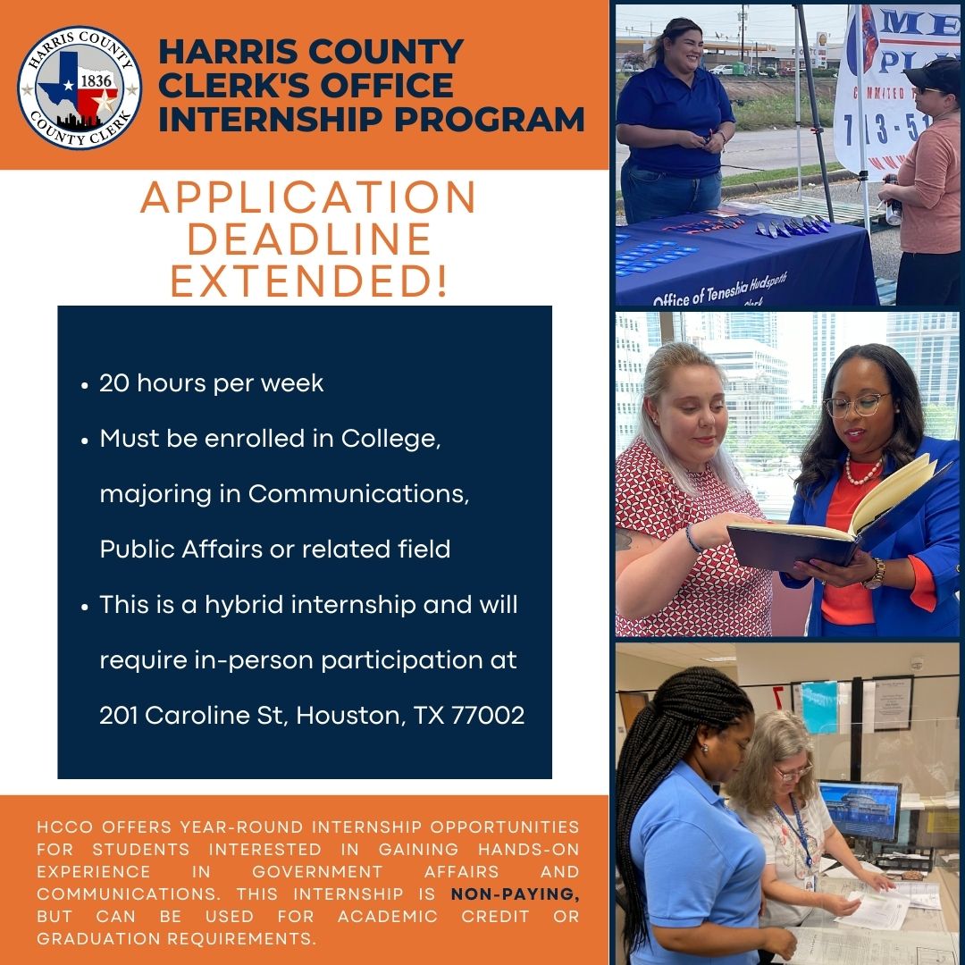 harriscotxclerk's tweet photo. Looking to gain hands-on experience in Government Communications? Visit https://t.co/zxVk3u5b3q. to apply to our #HCCOInternship by Wednesday, August 3 at 4:30 pm. #harriscountyclerksoffice #harriscountyinternship #communicationsmajor #hcco https://t.co/wXgcncQs4e