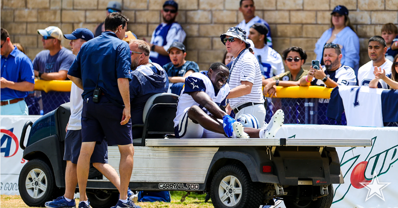 dallascowboys's tweet photo. The first padded practice of training camp included an apparent foot injury to wide receiver James Washington, who will be further evaluated Monday. Check out a full rundown from today's practice ↓

#PracticePoints | #CowboysCamp
