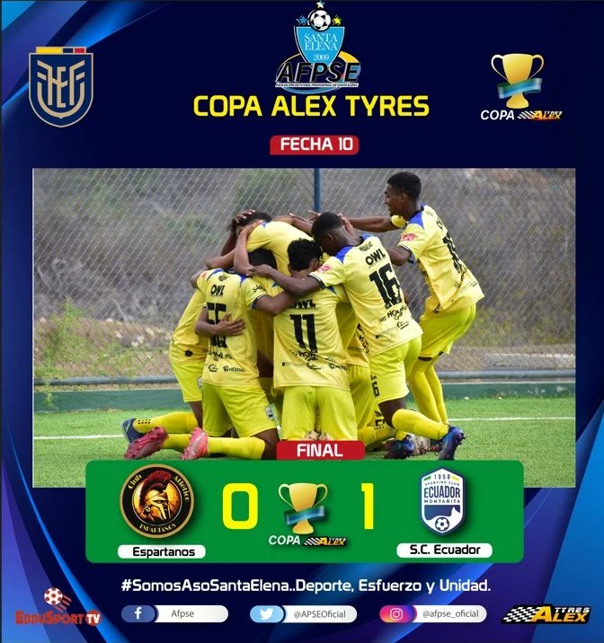 - Resultados de la 10ma. Fecha del XIV Campeonato Provincial de 2da. Categoría 2022 / "COPA ÁLEX TYRES"

- Estadio Washington Álvarez, Ancón. Grupos #1 - #2

- Huancavilca SC. 5x0 Carlos Borbor
- SC. Ecuador 1x0 Atl. Espartanos 

#SomosAsoSantaElena...
Deportes, Esfuerzo y Unidad