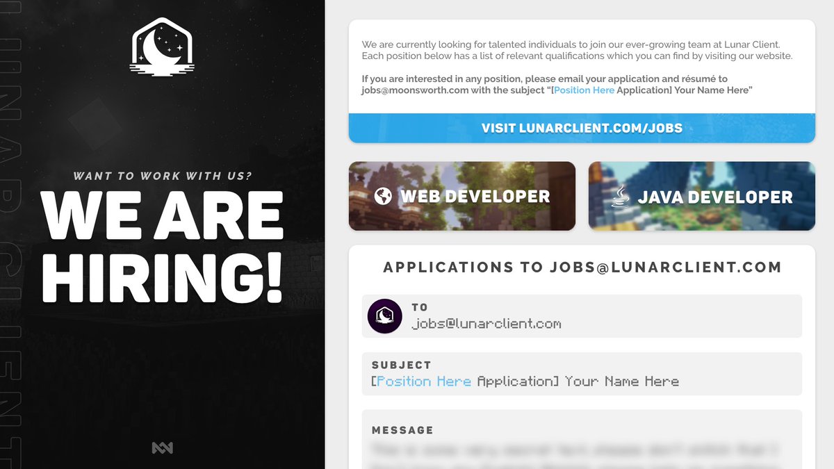 We're hiring Java and Web developers! 💻

Email jobs@lunarclient.com with your résumé + all relevant info. ✉️

Base salary starts at $24/hour. 💼