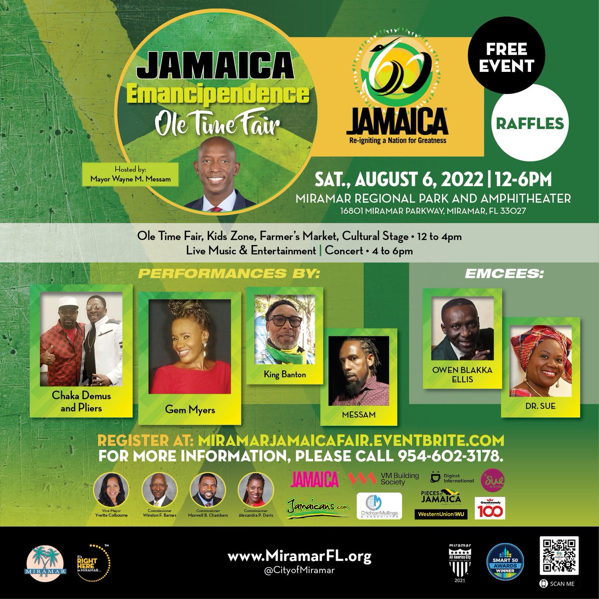 The FREE Jamaica Emancipendence Ole Time Fair is this Saturday, August 6!

Don’t miss the live concert, with performances by Chaka Demus and Pliers, King Banton, Gem Myers and @rohanmessam 

With Emcees: <a href="/BlakkaEllis/">OwenAgustusEllis</a> &amp; Dr. Sue !

MiramarJamaicaFair.eventbrite.com
